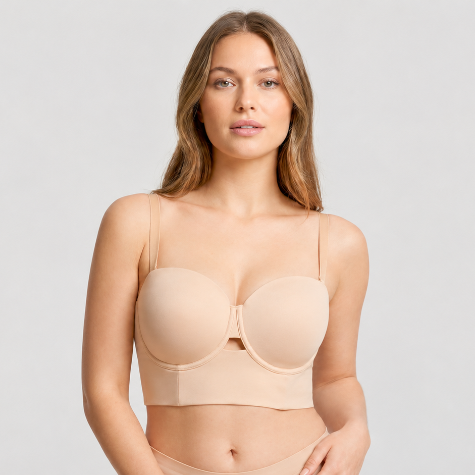 Model wearing a beige front closure bra