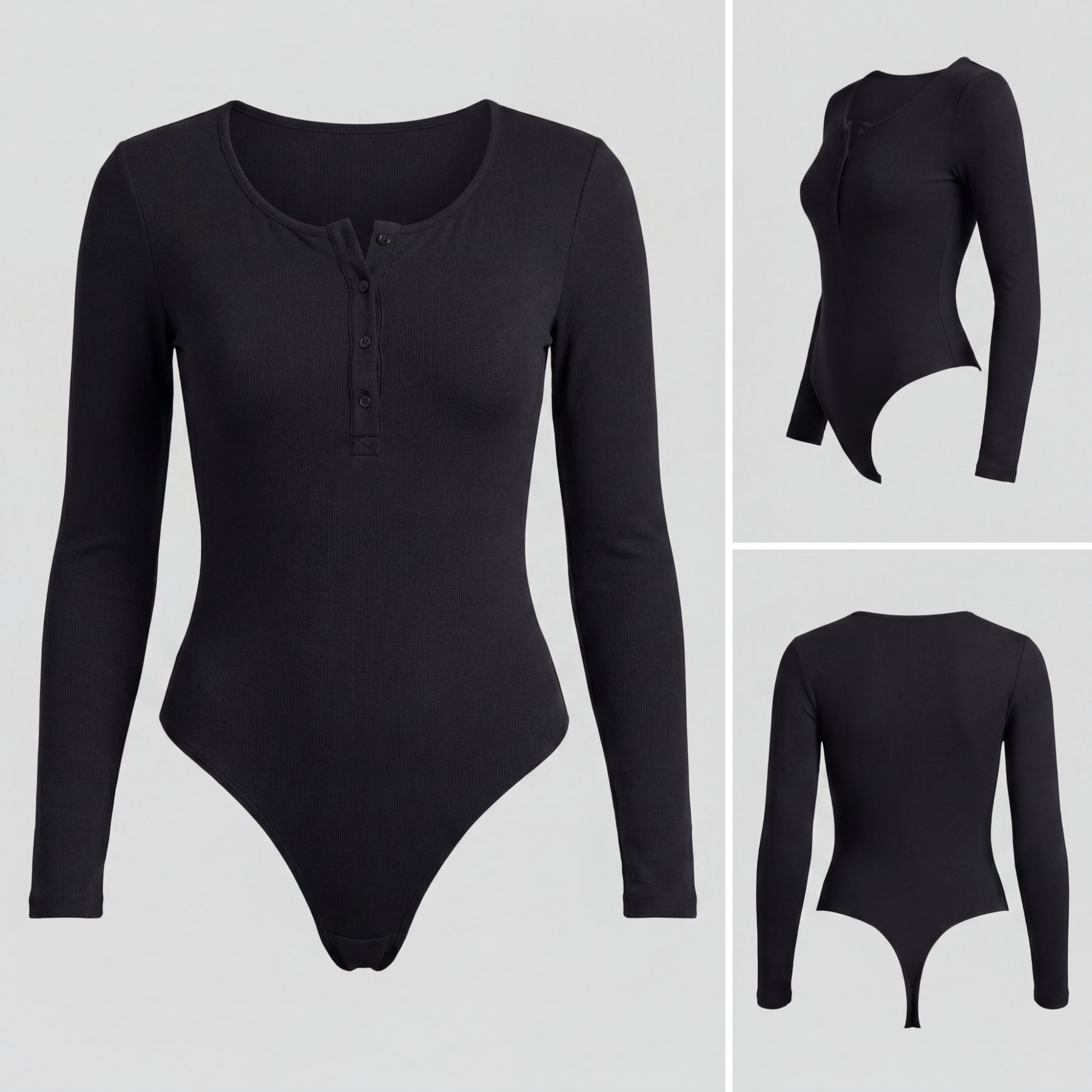 Button Front Long Sleeve Thong Bodysuit
