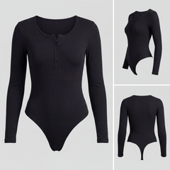 Button Front Long Sleeve Thong Bodysuit