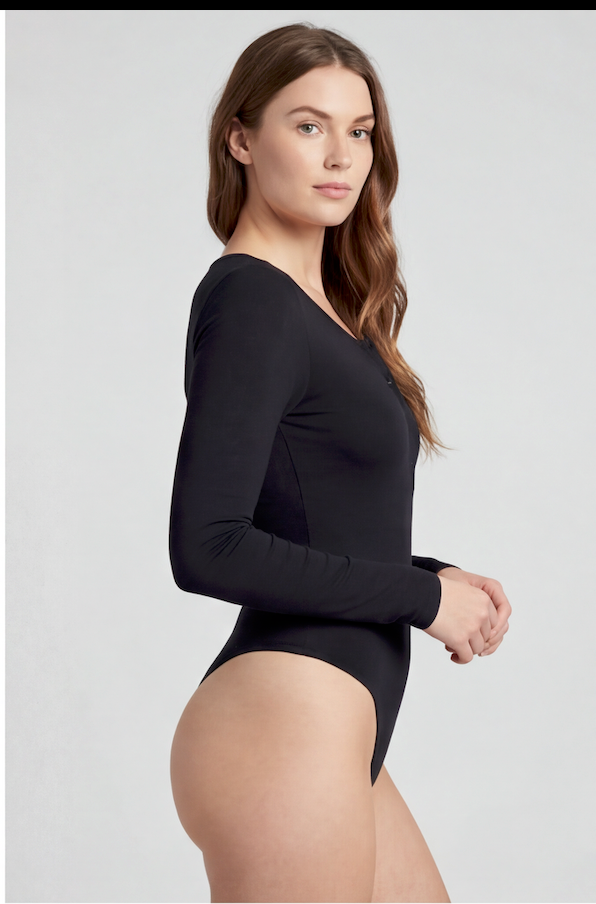 Button Front Long Sleeve Thong Bodysuit