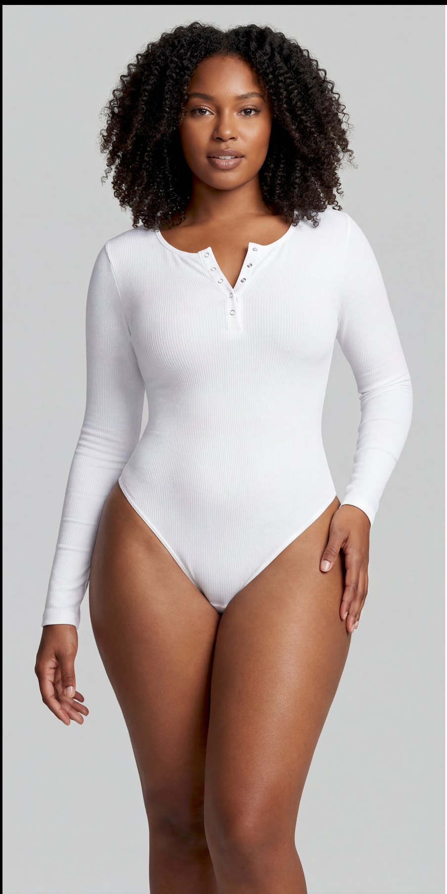 Button Front Long Sleeve Thong Bodysuit