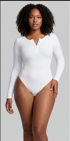 Button Front Long Sleeve Thong Bodysuit
