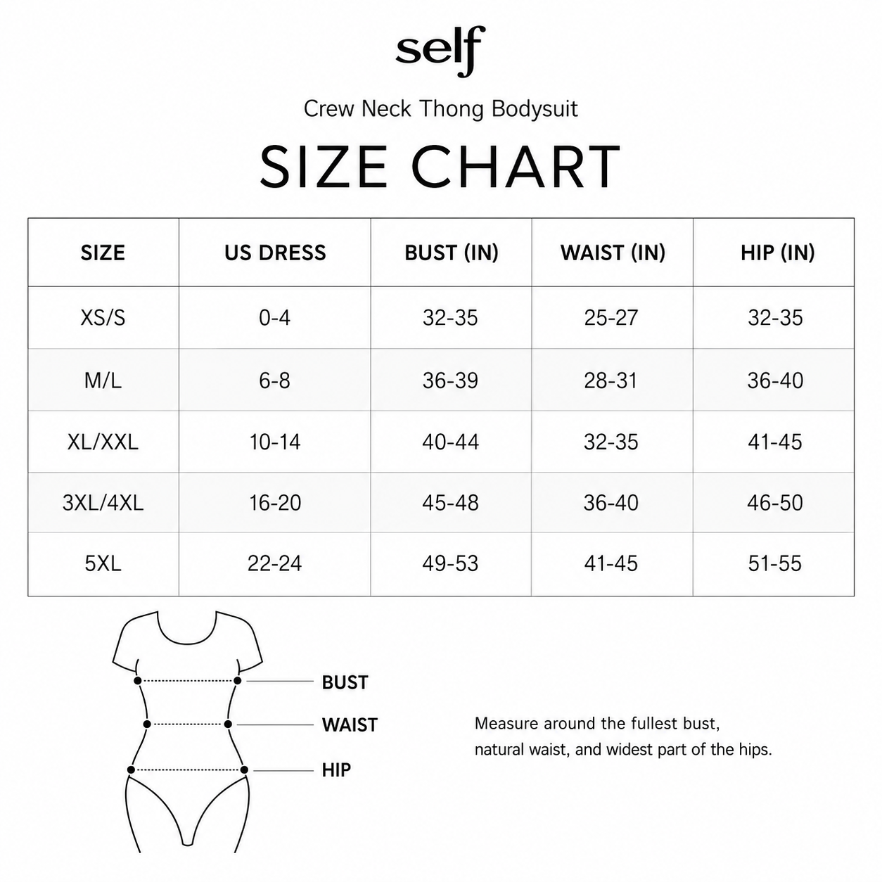Size chart for Crew Neck Thong Bodysuit