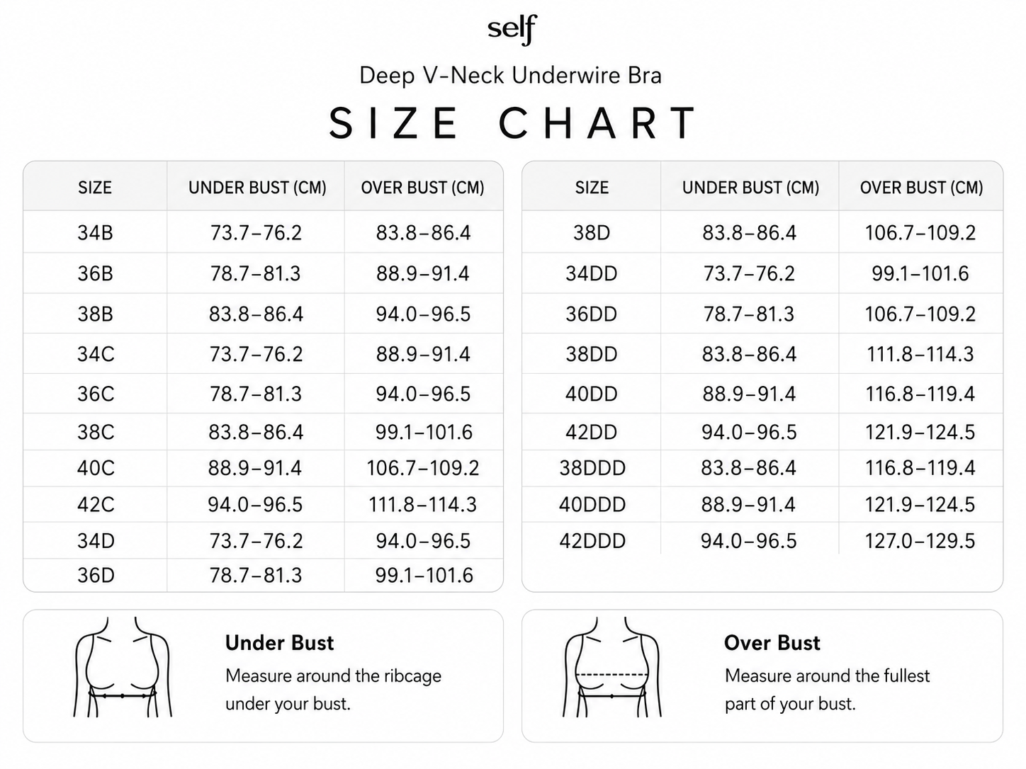Size chart for Deep V-Neck Underwire Bra