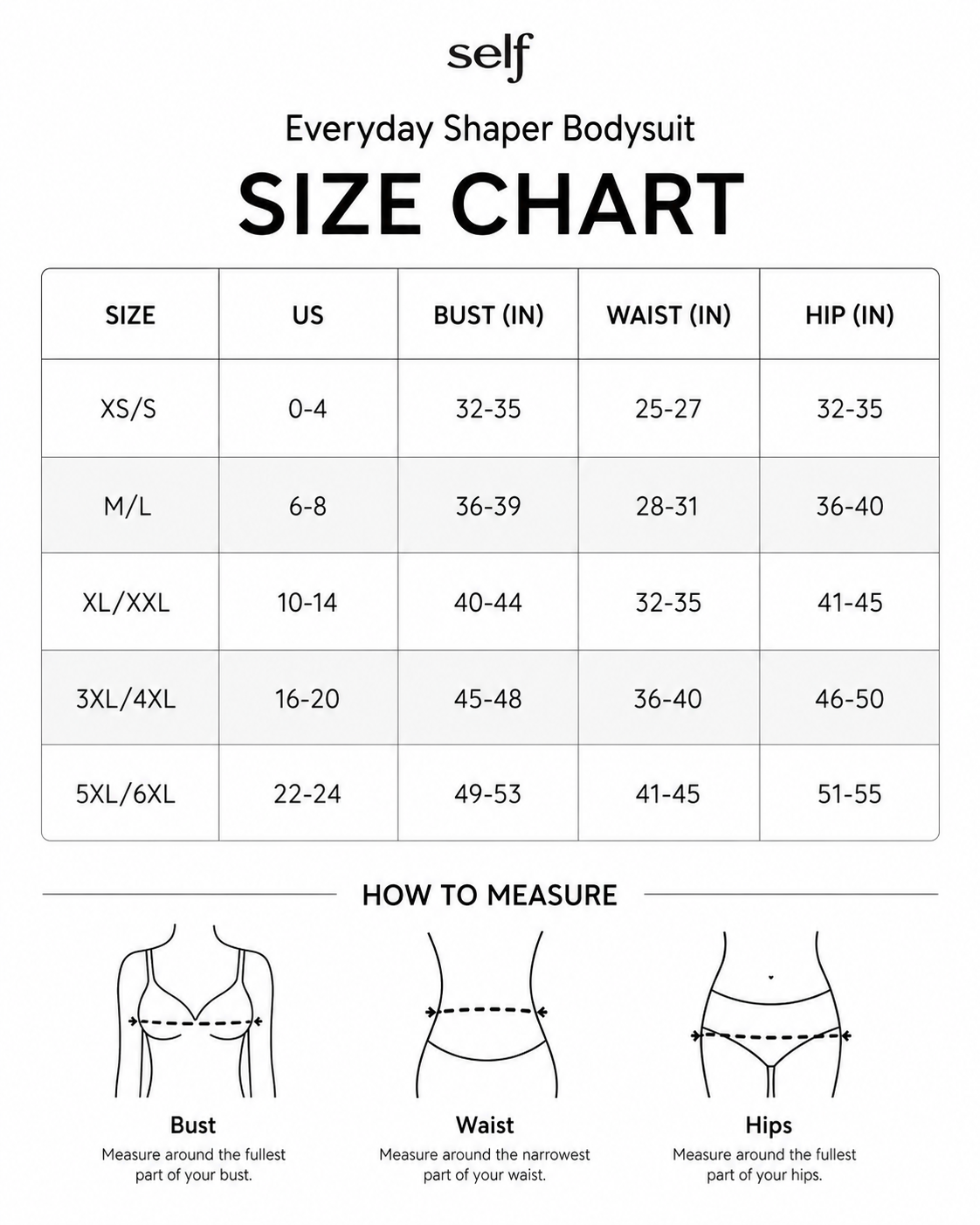 Size chart for Everyday Shaper Bodysuit