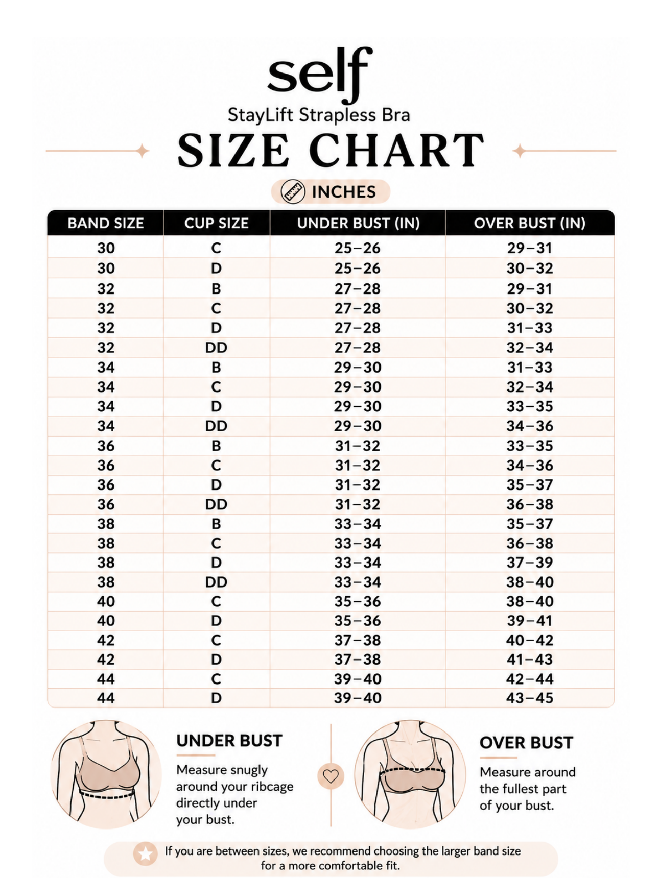 Size chart for StayLift Strapless Bra
