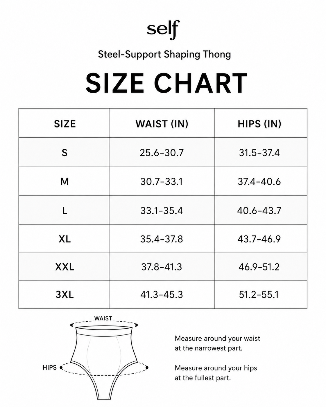 Size chart for Steel-Support Shaping Thong